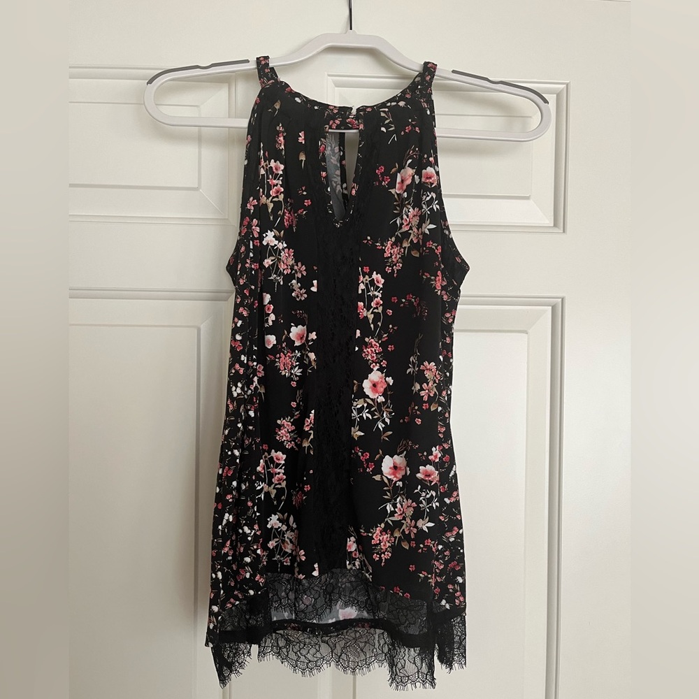 WHBM Floral Keyhole Top with Lace Trim